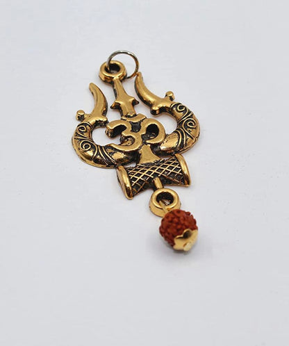 Original Mahakal Locket with Rudraksha, Golden Om Trishul Damru Pendant ( In Red Thread )